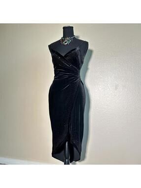 Rampage Y2K Vintage Black Rhinestone Midi Velvet Dress Wrap Style Bodycon